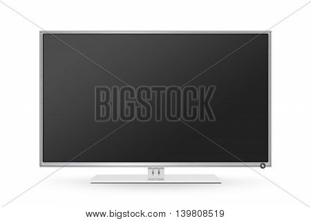 TV flat screen lcd plasma realistic 3d illustration. White HD monitor mock up. Modern multimedia panel black screen mockup. Good way show business presentation on flat display mock-up. Tv set stand.
