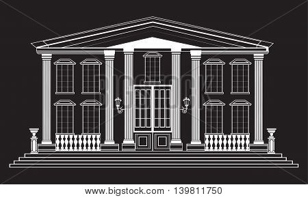 Vector architectural facade. Wire frame blueprint drawing of classic building. Vector architectural template background