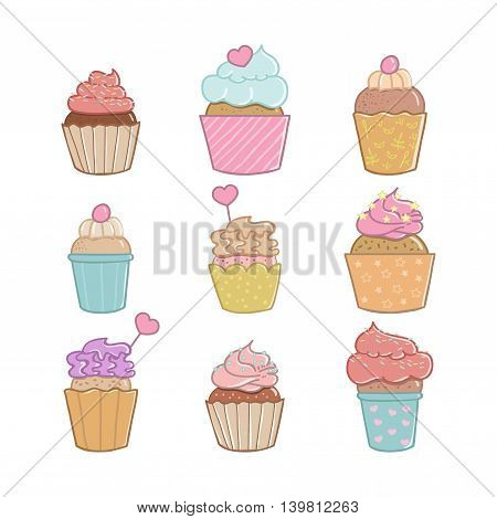 Set with cute and delicious cupcakes. Cartoon cupcakes for the invitation registration party wedding.