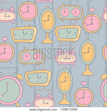 Cute pattern illustration of a set of clock and alarm. Object for decoration and design.