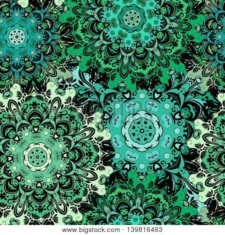 Oriental seamless pattern with eastern floral orament. Emerald green colored design in aztec, turkish, pakistan, indian, chinese, japanese style. Vector art background, wrapping paper.