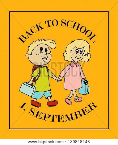 School background with 1. September and kids going to school
