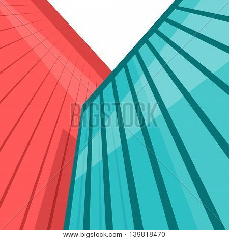 Skyscrapers in the city. Bottom view. Cartoon vector illustration. Vintage style. Buildings in downtown. Corporate architecture