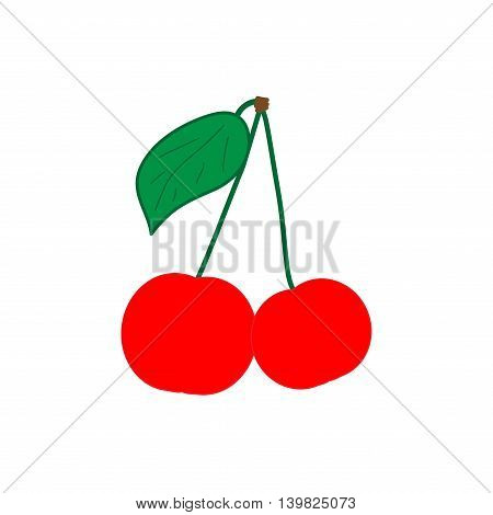 Sign cherry flat. Fruit icon isolated on white background. Red organic food with green leaf symbol. Healthy concept. Trendy eco vegetarian plane mark. Freshness logo. Stock vector illustration