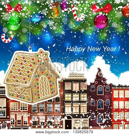 Gingerbread haus on the background of snow-covered streets. New Year design background. Falling snow.  Holiday illustration with place for text.