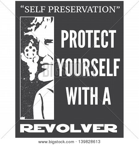 Retro pistol silhouette with a man front view as gun in poster. Vector illustration.