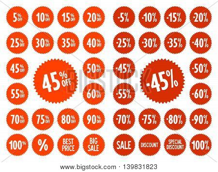 Sale vector label icons. Discount stickers set for shop, retail, promotion. Best price, big sale, 45% off, -45%, special offer, discount icons.