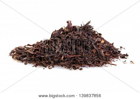 dry black tea large leaves isolated on white