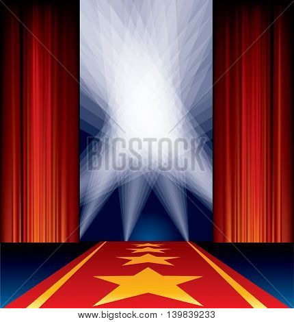 opened stage, red curtain, stars on red carpet, spotlights on sky, vector background