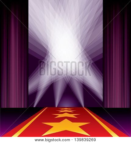 opened stage, purple curtain, stars on red carpet, spotlights on sky, vector background