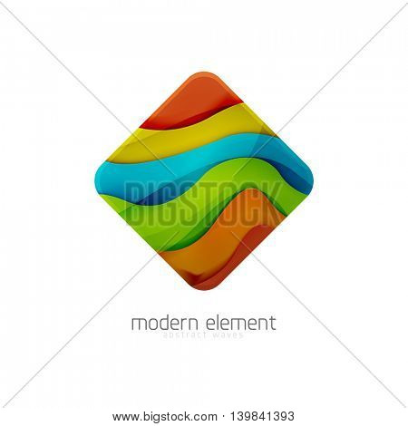 Abstract brand logo design on white. Square with bold relief texture effect, 3d imitation wave pattern with shadows