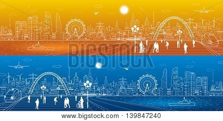 Amazing infrastructure and transport panorama. Train move, railway station, town square, people walk, ships on the water, night city skyline, arch bridge, airplane fly, vector design art