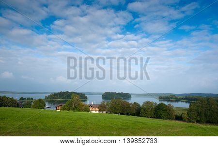 Panoramic View of Lake Plateliai in Zemaitija National Park, Samogitia, Plateliai, Lithuania. Lake Plateliai is the biggest lake in Samogitia and 9th biggest in Lithuania.