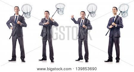 Colage of businessman with catching net on white