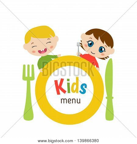 Kids menu card with plate and children. White background.