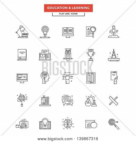 Set of Modern Flat Line icon Concept of Education Leaning Online Education Video Tutorial E-Learning and Thinking use in Web Project. Simple mono linear pictogram pack. Vector Illustration