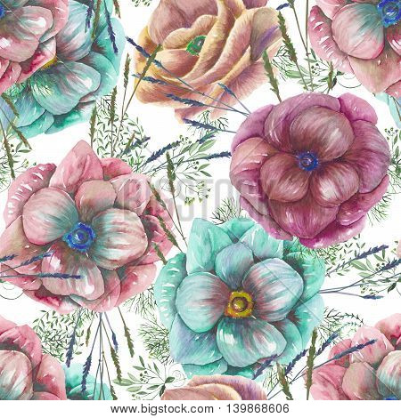 Seamless pattern with the watercolor anemone flowers and grass, hand drawn on a white  background