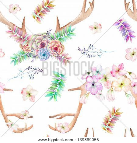 A seamless pattern with the antlers, entwined succulents, flowers, leaves and branches, for decoration, isolated hand drawn on a white background, wedding design