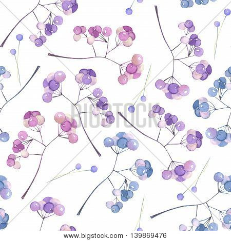Seamless pattern with the blue, purple and pink berries, hand drawn in a watercolor on a white background, background for your card and work, hand drawn in a pastel