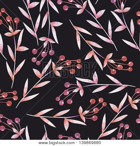 Seamless pattern with the red and orange berries, hand drawn in a watercolor on a dark background, background for your card and work, hand drawn in a pastel