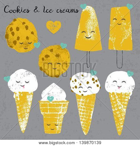 Vector set with ice creams and cookies and hearts in cartoon and grunge style isolated on grey scratched background for textile wallpaper fabric postcard and others