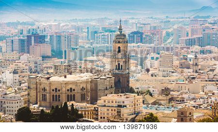 Panorama Of The Cathedral Of Malaga Is A Renaissance Church In The City Of Malaga In Andalusia In Southern Spain.