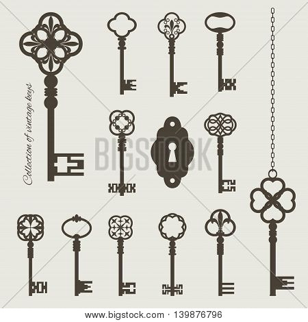 Collection of vintage keys and keyhole isolated on beige. Chain is grouped separately and can easily be combined with any key.