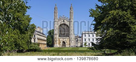 A panoramic view of the historic King's College in Cambridge UK.