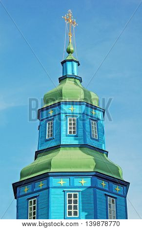 Antique blue wooden chapel at Pereiaslav-Khmelnytskyi Ukraine