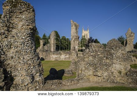 A view of the remains of Bury St Edmunds Abbey and St Edmundsbury Cathedral in Bury St. Edmunds Suffolk.