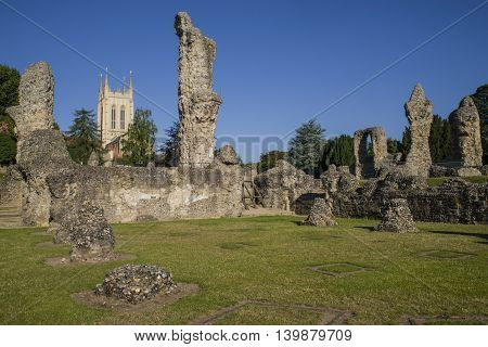 A view of the remains of Bury St Edmunds Abbey and St Edmundsbury Cathedral in Bury St. Edmunds Suffolk.