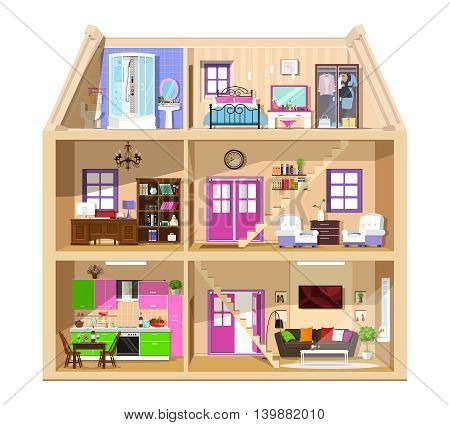 Detailed colorful home interior. Modern vector building inside. Flat style house in cut.