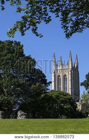 A view of the historic St. Edmundsbury Cathedral from Abbey Gardens in Bury St. Edmunds Suffolk.