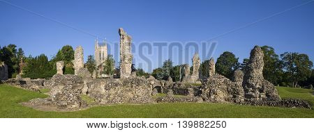 A view of the remains of Bury St Edmunds Abbey and St Edmundsbury Cathedral in Bury St. Edmunds Suffolk.