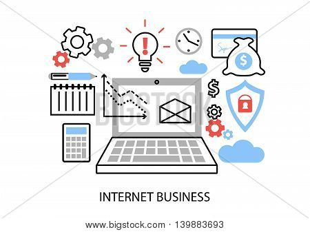 Modern flat thin line design vector illustration infographic concept of internet business online payments and purchases for graphic and web design