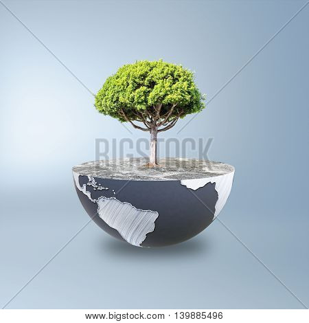 Half a globe with large tree on blue background. Green earth concept. 3D Rendering