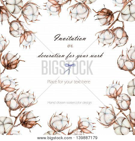 Background, template postcard with the cotton flowers branches, hand drawn on a white background, background for your card and work