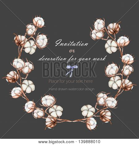 Wreath, circle frame with the cotton flowers branches, hand drawn on a dark background, background for your card and work