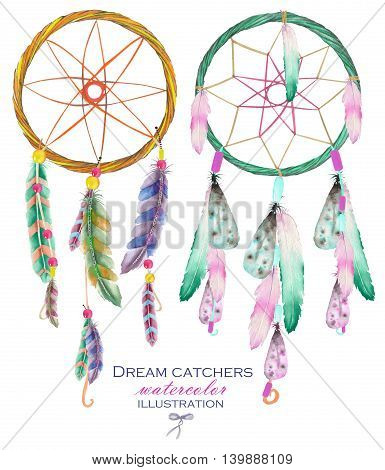 Illustration with dreamcatchers, hand drawn isolated in watercolor on a white background