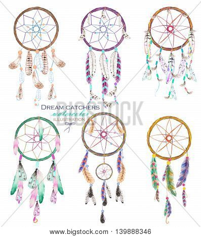 Illustration with dreamcatchers, hand drawn isolated in watercolor on a white background