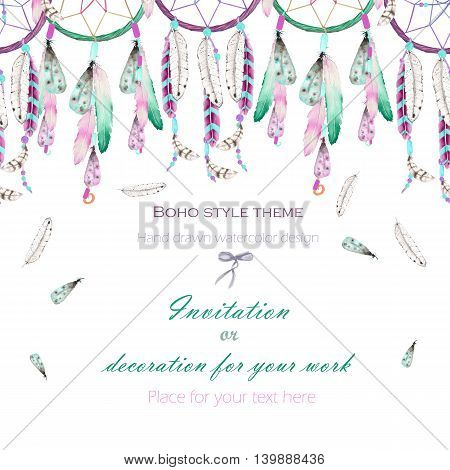 Background, template postcard with the watercolor dreamcatchers and feathers in the air, hand drawn on a white background, background for your card and work