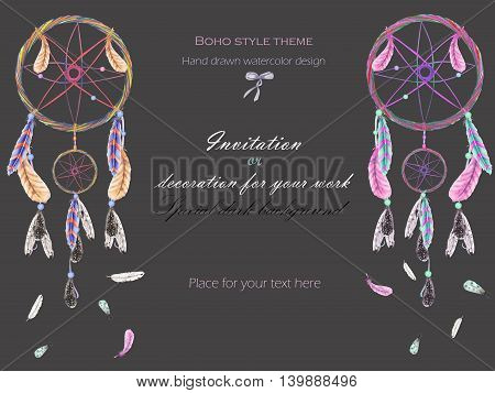 Background, template postcard with the watercolor dreamcatchers and feathers in the air, hand drawn on a dark background, background for your card and work