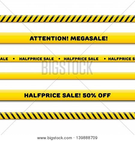 Police line for megasale, realistic vector set isolated on white. Seamless caution tapes