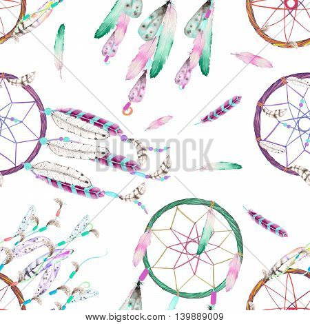 Seamless pattern with dreamcatchers and feathers in the air, hand drawn in watercolor on a white background