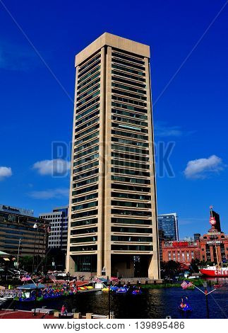 Baltimore Maryland - July 22 2013: The hexagonal World Trade Center tower at Inner Harbor designed by I. M. Pei *