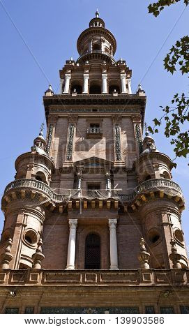 Detail of the northern tower of the Plaza de Espana (Spain Square) in Seville Spain
