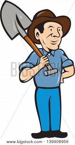 Illustration of an organic farmer standing with one hand on hips holding shovel on shoulder looking to the side viewed from front set on isolated white background done in cartoon style.