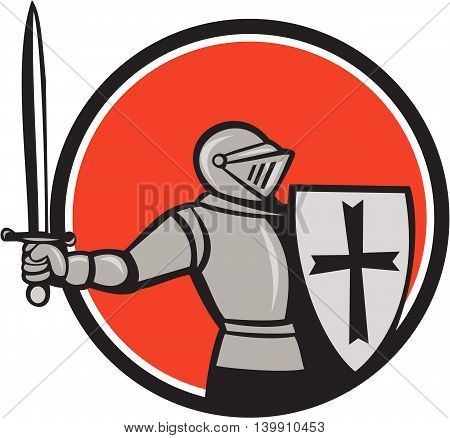 Cartoon style illustration of a knight wearing armor holding shield and wielding sword viewed from the side set inside circle on isolated background.