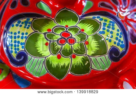 Colorful Souvenir Ceramic Green Red Flowers Pot Decoration Dolores Hidalgo Mexico