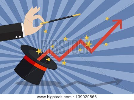 Business hand with graph flying out of the magic hat. Vector illustration